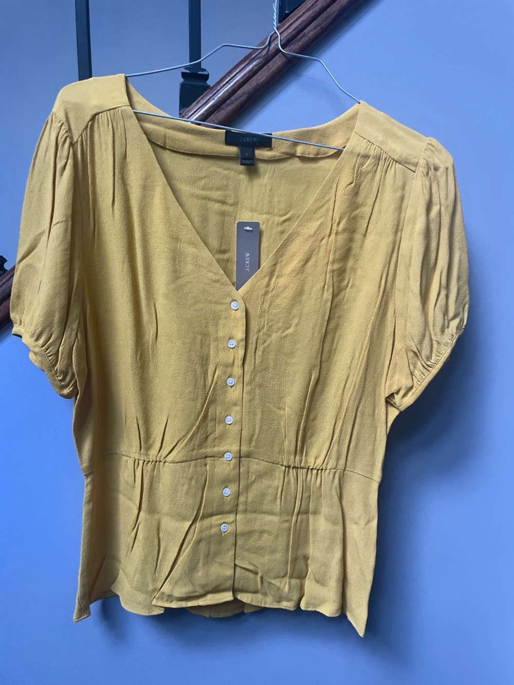 J. Crew Mustard Yellow Button-Front V-Neck Short Sleeve Blouse